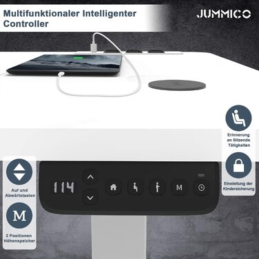 Електричний регульований стіл JUMMICO з бездротовою зарядкою, USB і євро-розеткою, білий 180х80 см – письмовий стіл для роботи стоячи та сидячи