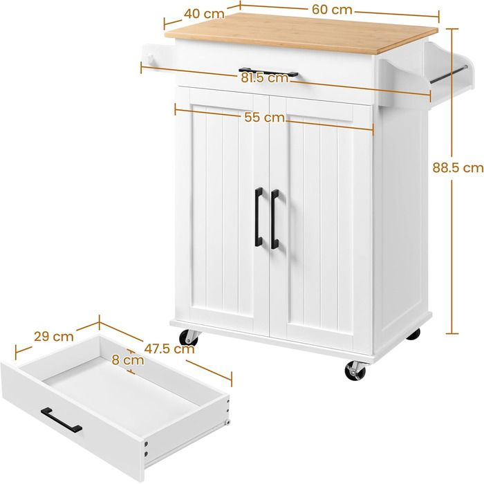Кухонний візок Yaheetech на колесах з ящиком та 3 полицями, білий, 60x40x88,5 см