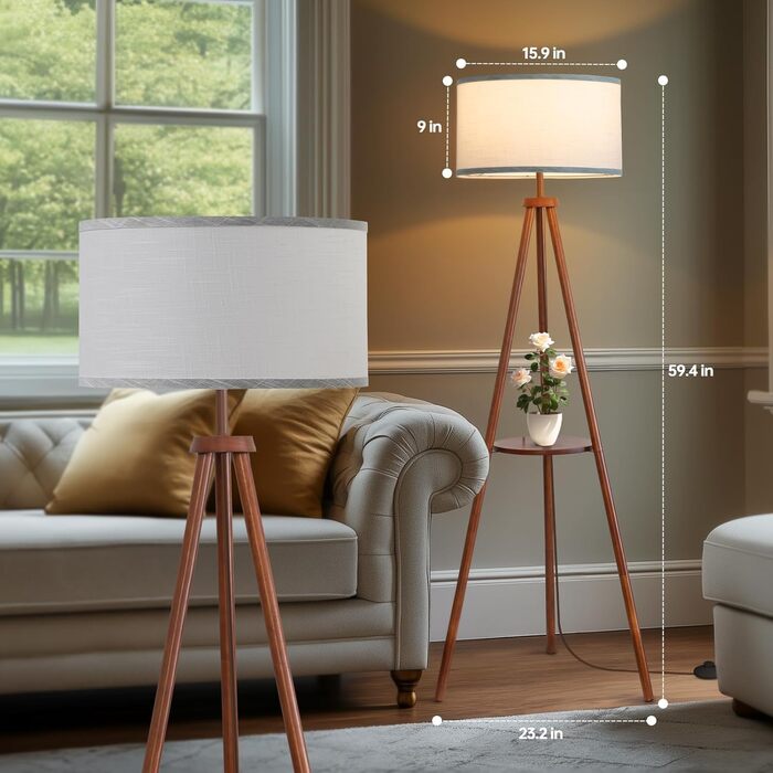 Стельова лампа з полицею, пульт дистанційного керування, 3 колірні температури, тринога, для вітальні, спальні, офісу (горіх), бежевий абажур