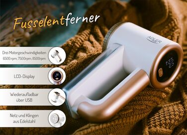 Електричний removing-машинка для видалення ворсу ADLER EUROPE AD 9617 з LCD-дисплеєм, 3 швидкості, акумулятор 2000mAh, USB-зарядка, білий/золотий
