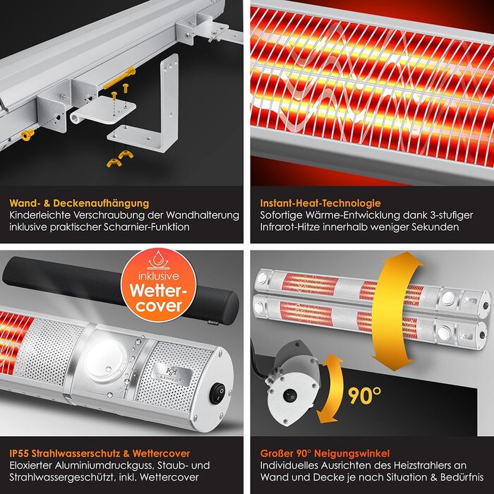 Інфрачервовий обігрівач KESSER® 3000W з LED-підсвічуванням та Wi-Fi, для тераси, кафе, бару, з пусковим пристроєм та захисним чохлом. Кварцовий настінний обігрівач (срібний)
