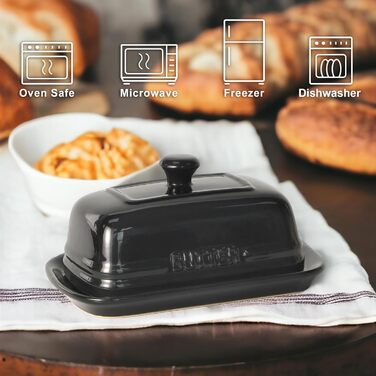 Ceramic Butter Dish with Lid for Countertop, 12.7 x 19.1 cm, Large Butter Container, Black Butter Holder for 2 Sticks, Butter Dispenser for Kitchen Countertop, Ceramic Butter Dishes with