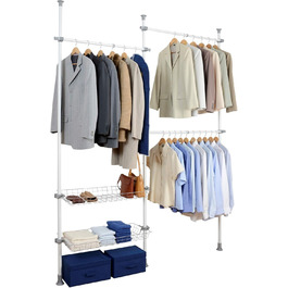 WENKO Telescopic System Hercules Duo, 3 Clothes Rails, 2 Storage Baskets, Extendable, Powder-Coated Metal, 164-215 x 165-300 x 38 cm, Matt (White, Single)