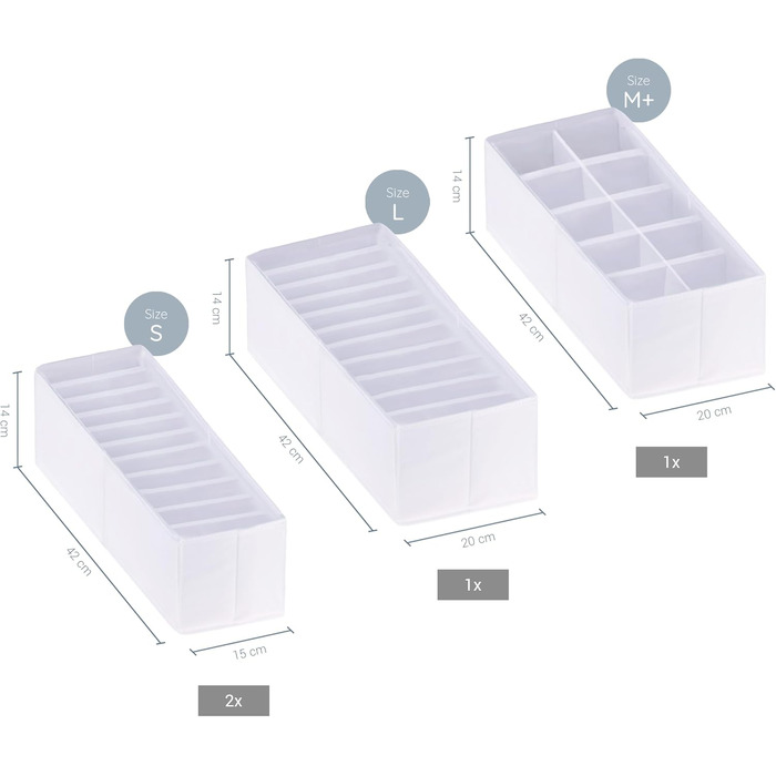 ROW&LINE® – Organizer Set – 11 extra tall compartments for underwear, bras & clothing – organization system changing table – durable & washable for any closet & drawer – white – Size: 4x S (White: 2x S / 1x M+ / 1x L)