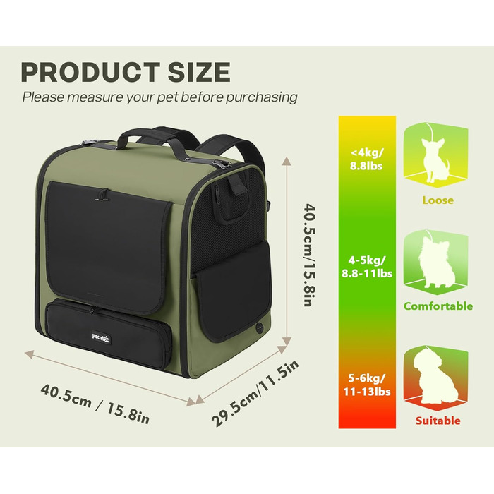 Pecute Рюкзак-переноска для котів та маленьких собак, темно-зелений. Зручний, вентильований, для подорожей, хайкінгу та кемпінгу