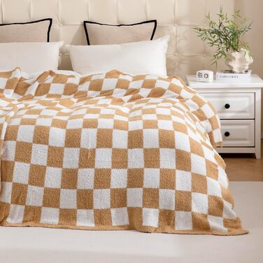 Плед YIRUIO з шаховим принтом, Queen/King Size, 203 x 228 см, мікрофібра, burnt orange