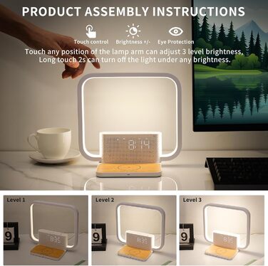 Нічна лампа RETEYUNG з бездроговою зарядкою 10W, 2 будильники, денний світловий будильник, 10 заспокійливих звуків, торкання, регулювання яскравості (3 рівні) (Сучасний дизайн)