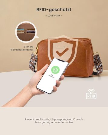 Сумка LOVEVOOK через плече для жінок, кросбоді, середнього розміру, з 2 ременями, RFID-захистом, для офісу, університету, відпочинку (25x15x9 см, світло-коричнева)