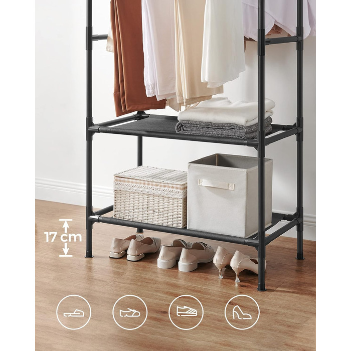 SONGMICS Дзеркало-вішалка для одягу металева, біла, з 2 перекладинами та полицею, до 55 кг, проста збірка RDR01WT (Чорний)