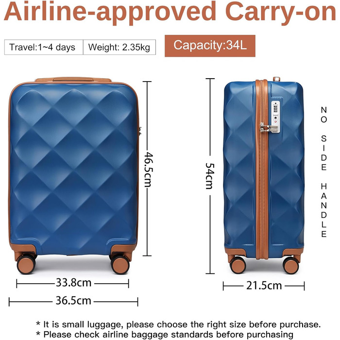 Чемодан ручної об'єму British Traveller 54x36.5x21.5 см з косметичкою 31x25x17 см, ABS+PC, блакитний