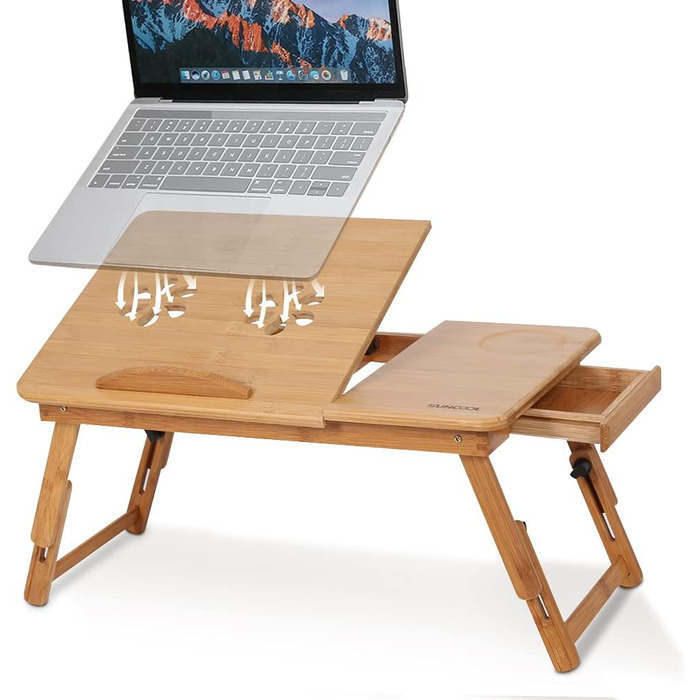 Бамбуковий портативний стіл-підставка для ноутбука з ящиком та вентиляційними отворами, регульований, багатофункціональний для ліжка та дивану