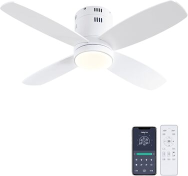 Стеляний вентилятор Ohniyou з підсвіткою та пультом дистанційного керування, 96,5 см (38 дюймів), з керуванням через додаток, тихий, регульований, для спальні, тераси, внутрішнього та зовнішнього використання, білий, сучасний