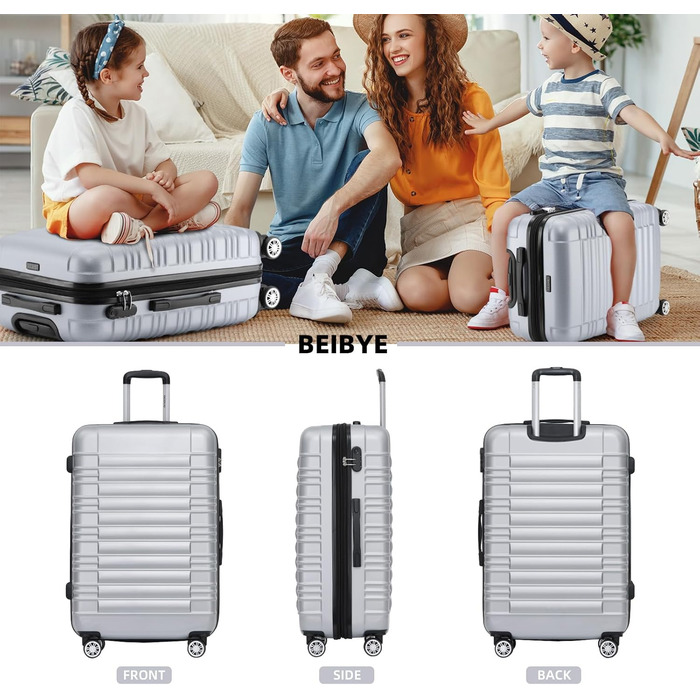 Чемодан Beibye 2088 з твердим корпусом, валіза-тележка, ручна поклажа, 14 кольорів (Срібний, XL)