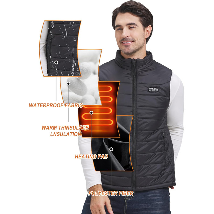 Обогревна жилетка для чоловіків та жінок, жилетка з підігрівом з акумулятором 10000 mAh та 5 зонами підігріву, для катання на лижах та полювання, чорний колір
