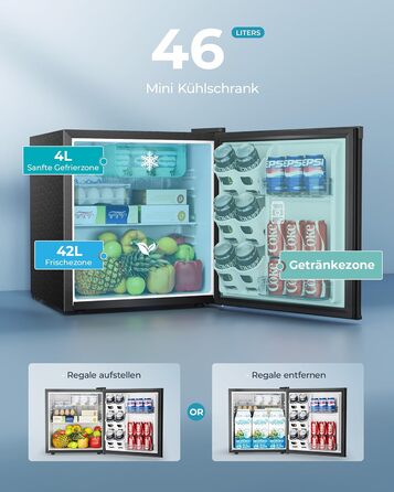 EUHOMY Міні холодильник 46L, компактний холодильник з регулюванням температури, тихий, енергоефективний для спальні/офісу, чорний