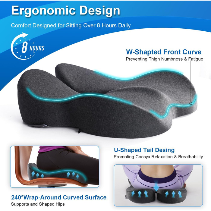 Подушка для сидіння SkyNY на офісне крісло: Memory Foam, для кукси, Sciatica, ергономічна, знімає тиск, для болю в сідниці та кукси