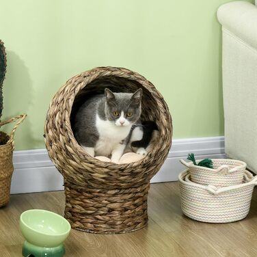 PawHut Rattan Cat Basket Cat Cave Cat House Cat Bed with Cushion Pet Bed Water Hyacinth 42 x 33 x 52 cm (42L x 33W x 52H cm, Coffee)