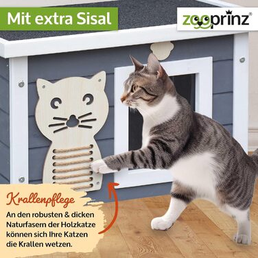 Преміум котячий будиночок Zooprinz з дерева – котяча кістка з дахом, що відкривається, вікном та створками – сизаль на котячому боксі – стійкий до погодних умов для саду/балкону – внутрішній та зовнішній притулок (сірий-білий, стандарт)