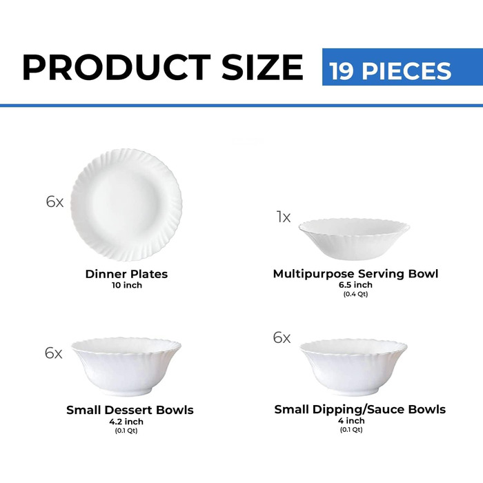 Набір посуду Larah, 35 предметів: тарілки, миски, кришки, ложки, сервіз на 6 осіб, опал, міцний, легкий, для мікрохвильової печі та посудомийної машини, білий з зеленими квітами