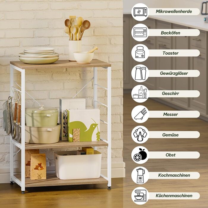 Kitchen Shelf, Microwave Shelf with 4 Hooks, Baking Shelf with 3 Tiers, Storage Shelf for Kitchen, Cafe, Living Room, Bathroom, 60 x 82 x 40 cm, Light Oak + White