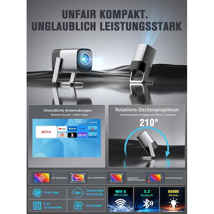 Smart Beamer 4K з автофокусом TOF 28000L, WiFi6, Bluetooth, обертання 210° для дому та вулиці. Сумісний з Netflix, підходить для підключення до телефону/ПК