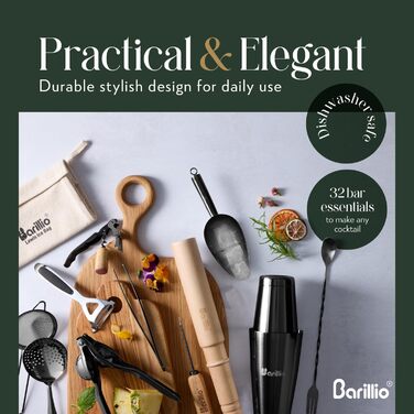 Набір барного інвентарю Barillio Pro Edition – 32 елементи: шейкер, міксер, мадлер та інше для приготування коктейлів вдома. З нержавіючої сталі.