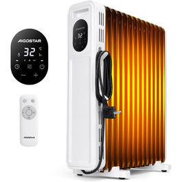 Електричний масляний радіатор Aigostar Snug 2500W з пультом керування, 13 ребер, термостат, таймер, LED-дисплей, захист від перекидання та перегріву