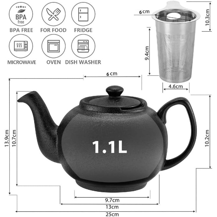 Керамічний чайник Urban Lifestyle LIVERPOOL з ситечком із нержавіючої сталі, 1,1 л, чорний матовий