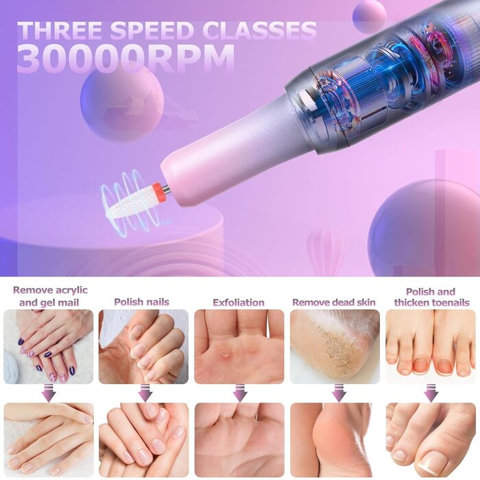 Електричний набір для манікюру та педикюру Nagelfräser: набір для шліфування, полірування та видалення гель-лаку, USB, 30000 об/хв, 3 швидкості, LCD-дисплей, сірий та рожевий