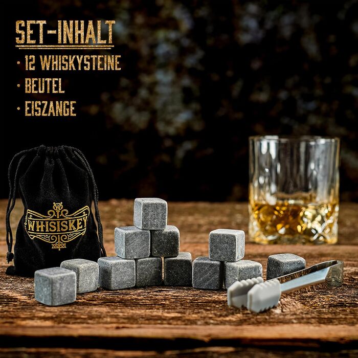 Набір для віскі WHISISKEY: 12 каменів та щипці - подарунок для чоловіка