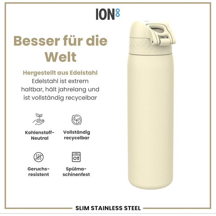Ion8 Stainless Steel Drinking Bottle, 600 ml, Leak-Proof, One-Hand Operation, Secure Locking Mechanism, Dishwasher Safe, Flip-Top Lid, Carrying Handle, Easy to Clean, Durable & Scratch-Resistant (Stainless Steel, Creamy White)