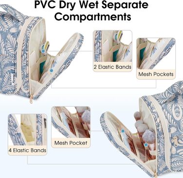 Сумка для туалетних аксесуарів для жінок та чоловіків, що підвішується, косметичка, дорожня сумка (Блакитне листя) Z-блакитне листя