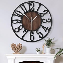 Large Wall Clock, Ticking Sounds, 34CM/14 Inch Silent, No Noise, Battery Powered, Modern, Oversized, Retro Vintage Oversized Wall Clock for Living Room, Bedroom and Kitchen (16inch, Dark Brown - Arabic Numbers)