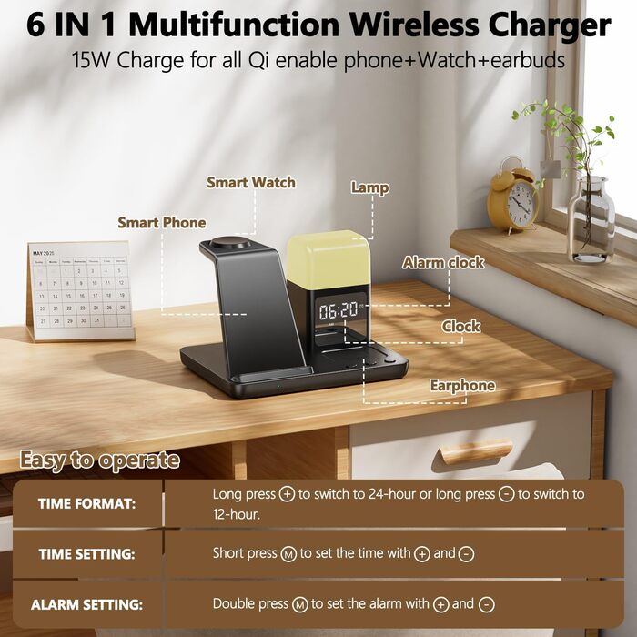 Багатофункціональна зарядка 6 в 1 з індуктивним бездротовим зарядним пристроєм, будильником та нічником, сумісна з Samsung Galaxy S25/24/Galaxy Buds3/Galaxy Watch, iPhone 16/15/AirPods4/3, жовта