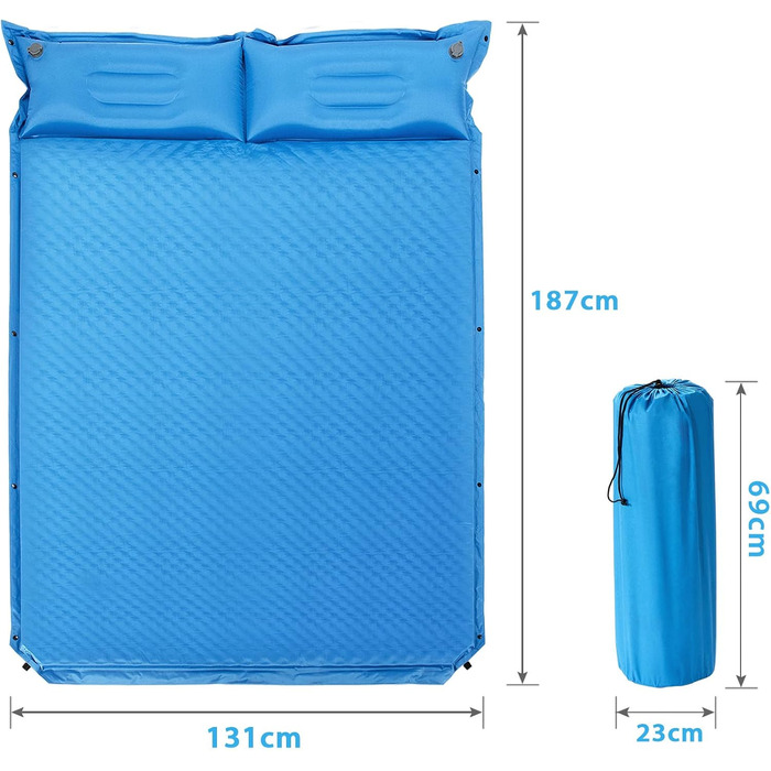 Каремат туристичний самонадувний GYMAX для кемпінгу, на 2 особи з подушками та сумкою, 187 x 131 см, блакитний