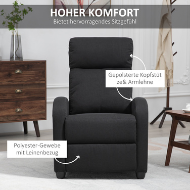 HOMCOM Reclining TV Chair with Lie-Flat Function, Linen-Look, Padded TV Chair with Footrest, for Living Room, Bedroom, Black | Aosom