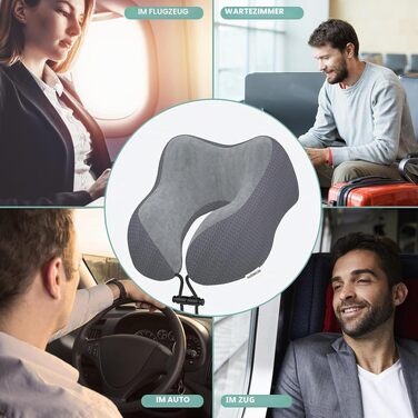 Подушка для подорожей під шию з ефектом пам'яті (Memory Foam) для літака, авто та офісу, м'який оксамитовий чохол, темно-сіра (набір 2 шт.)