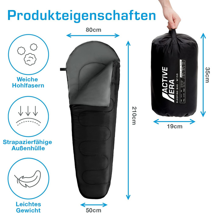 Сплячий мішок Active Era Mumienschlafsack – зимовий та літній, водонепроникний, захист від вітру, ультралегкий, температурний режим -10°C до 10°C, компактний, для кемпінгу, чорний