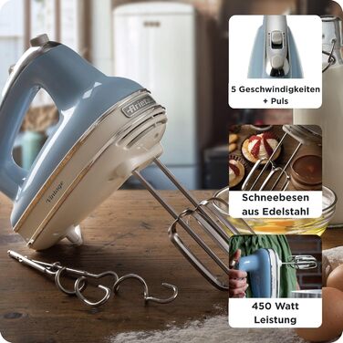 Міксер ручний Ariete Vintage 1548, 450W, 5 швидкостей, Turbo, 2 насадки, для тіста та збивання (Блакитний)