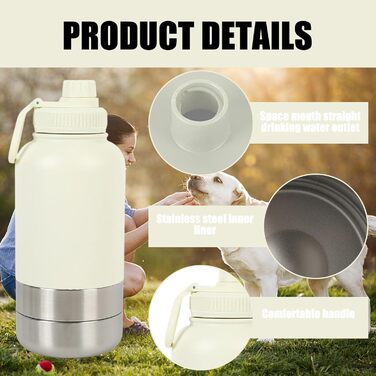 Водяна пляшка для собак Pets 950мл з мискою та ручкою, ізольована, нержавіюча сталь, BPA-free, для подорожей та прогулянок (кремово-білий, L)