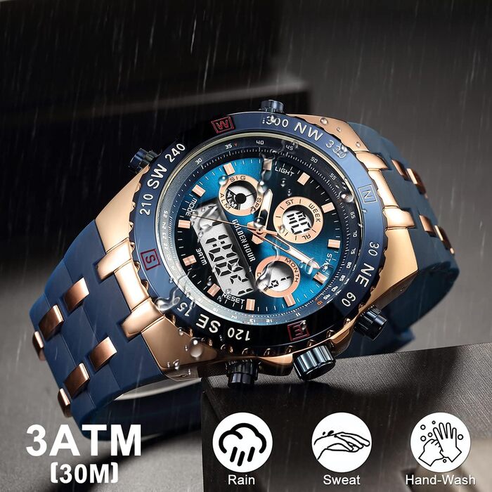 Чоловіжі військові спортивні годинники: цифрові, аналогові, з датою, будильником, світосвітністю, секундоміром. Великі годинники для чоловіків (Rose Gold Blue)