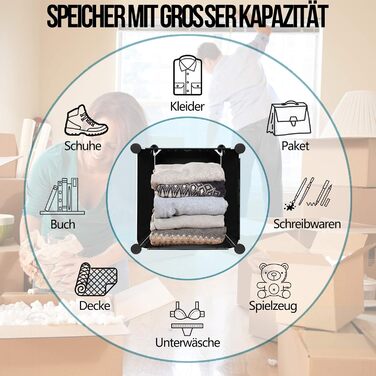 NAIZY Wardrobe Black DIY Plastic Shelf System Closet Organizer, Plug-in Shelf System with Door, Plastic Closet (16 Cubes, with 2 Clothes Rods)