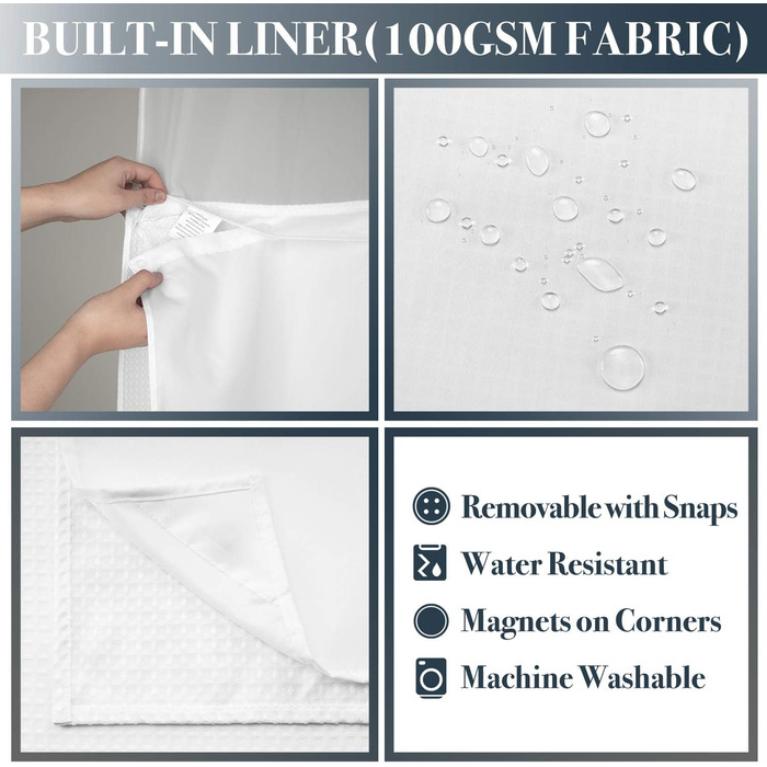 Штора для душу N&Y HOME з вафельної тканини з підкладкою, 12 гачків, біла 180x182 см - Водонепроникна, важка, готельний стиль