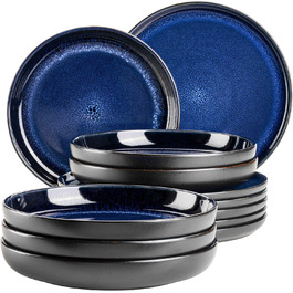 MÄSER 931972, Niara Series, Modern Dinnerware Set for 6 People with an Exciting Vintage Look, 12-Piece Ceramic Tableware in Blue and Black, Stoneware Plate Set 12-Piece Blue