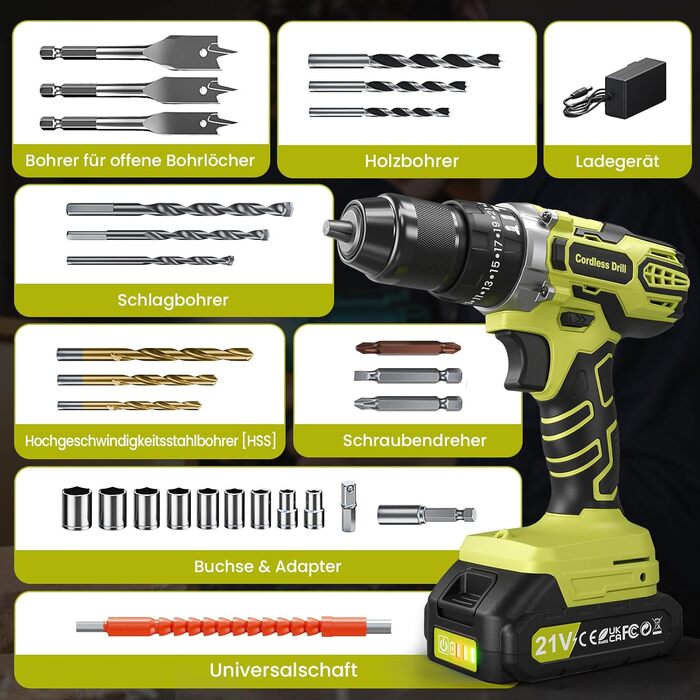 Акумуляторний дриль-шуруповерт 21V з 2 акумуляторами 2000mAh, 45Nm, 2 швидкості, 25+3 ступені крутного моменту, патрон 10мм, 27 предметний набір та кейс для дому та DIY