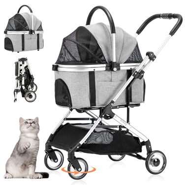 3 в 1 Візок для собак з рознімним сидінням, сумка-переноска, складна конструкція, візок для домашніх тварин та дітей (сірий, до 20 кг)