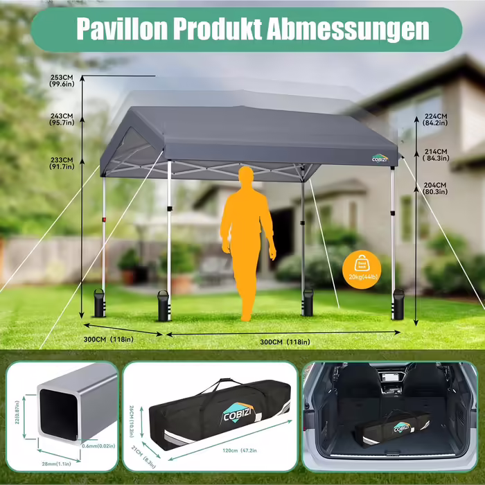 COBIZI Pavilion - Folding Pavilion - Waterproof, Stable, 275 cm Party Tent, UV Protection 50+, Folding Pavilion with Waffle Pattern for Camping, Beach, Family Gatherings (White) (Gray, 3x3m with 1 Side Walls)