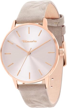 Годинник Tamaris для жінок з шкіряним ремінком (рожеве золото / сірий ремінець з квітковим візерунком)