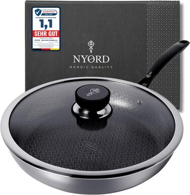 Пан з нержавіючої сталі NYORD - антипригарне покриття, з гранульованою поверхнею, для плити та духовки, з кришкою, 24 см