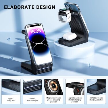 Станція бездротової зарядки 3-в-1 для Apple: iPhone, AirPods, Apple Watch (15W, MagSafe, чорний)